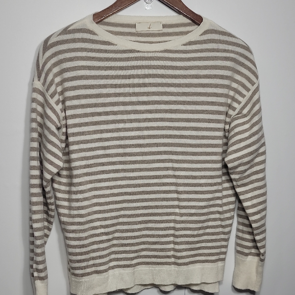 Classic Striped Tan Cream Cashmere Wool Blend Italian Crewneck Sweater